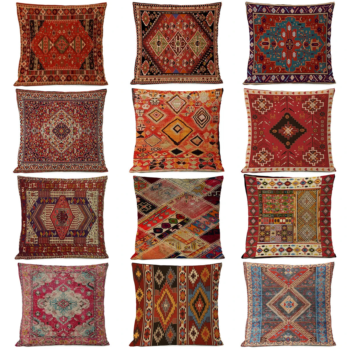 Ethnic Persian Carpet Cushion Cover — Geometric Red & Blue Tribal Pattern, 45x45cm or 50x50cm