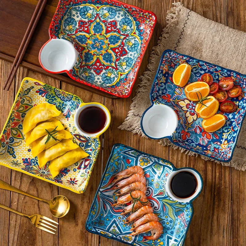 Divided Ceramic Plate with Sauce Dish — Persian-Style Tableware for Mezze & Dips