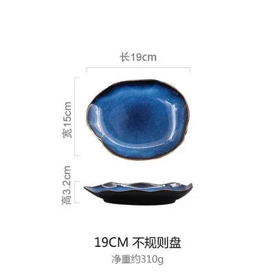 Blue Glaze Artisan Ceramic Dinner Plate & Salad Bowl Set — Irregular Edge Tableware