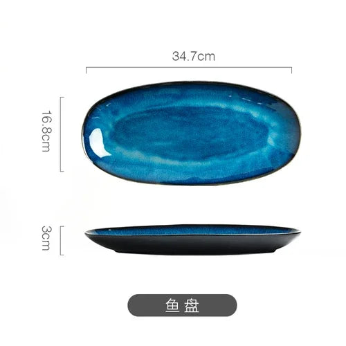 Blue Kiln-Change Ceramic Tableware Set — Reactive Glaze Bowls & Dinner Plates