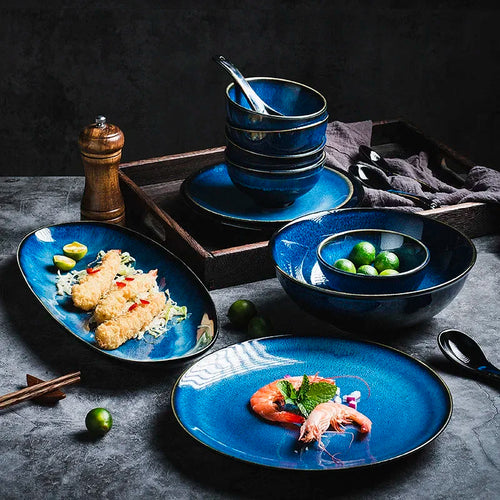Blue Kiln-Change Ceramic Tableware Set — Reactive Glaze Bowls & Dinner Plates