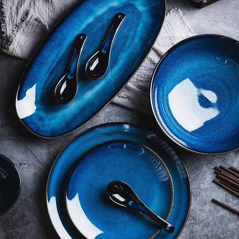 Blue Kiln-Change Ceramic Tableware Set — Reactive Glaze Bowls & Dinner Plates