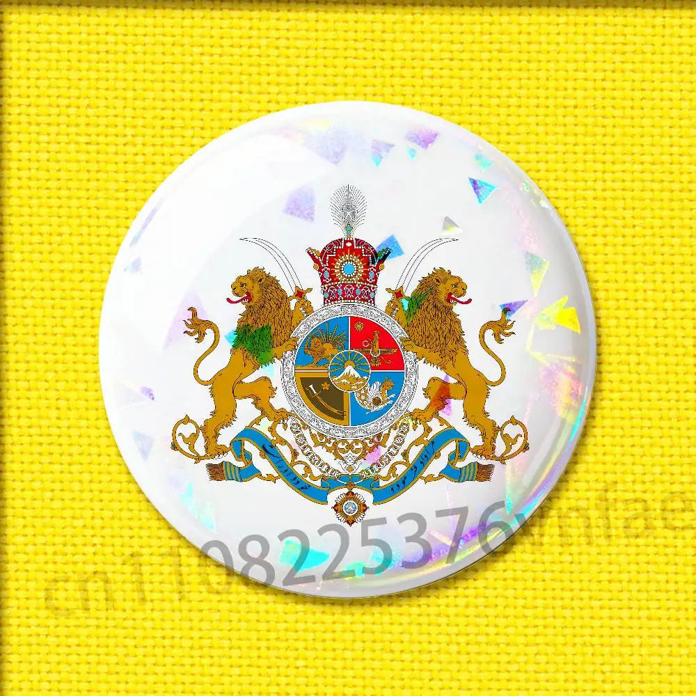 Imperial Coat of Arms of Iran Round Pin Badge — Lion, Sun & Crown Brooch in 4 Sizes