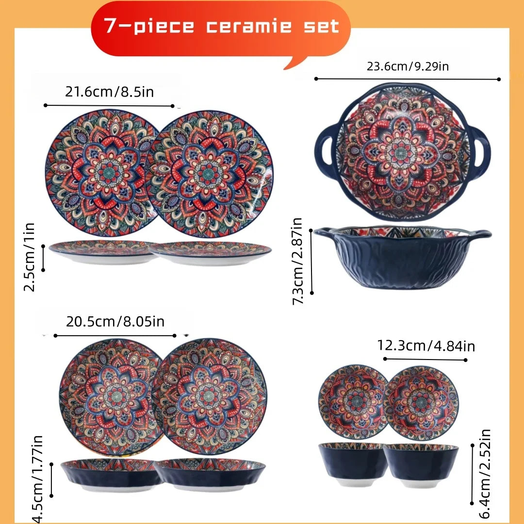 Bohemian Ceramic Tableware Set — 7 Piece with Dessert Plates, Steak Plate, Pasta & Soup Bowls