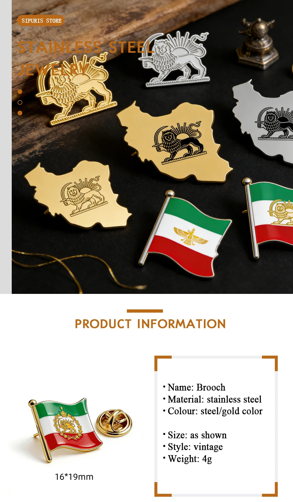 Persian Lion & Sun Iran Map Flag Pin Brooch — Lightweight Stainless Steel Jewelry Gift