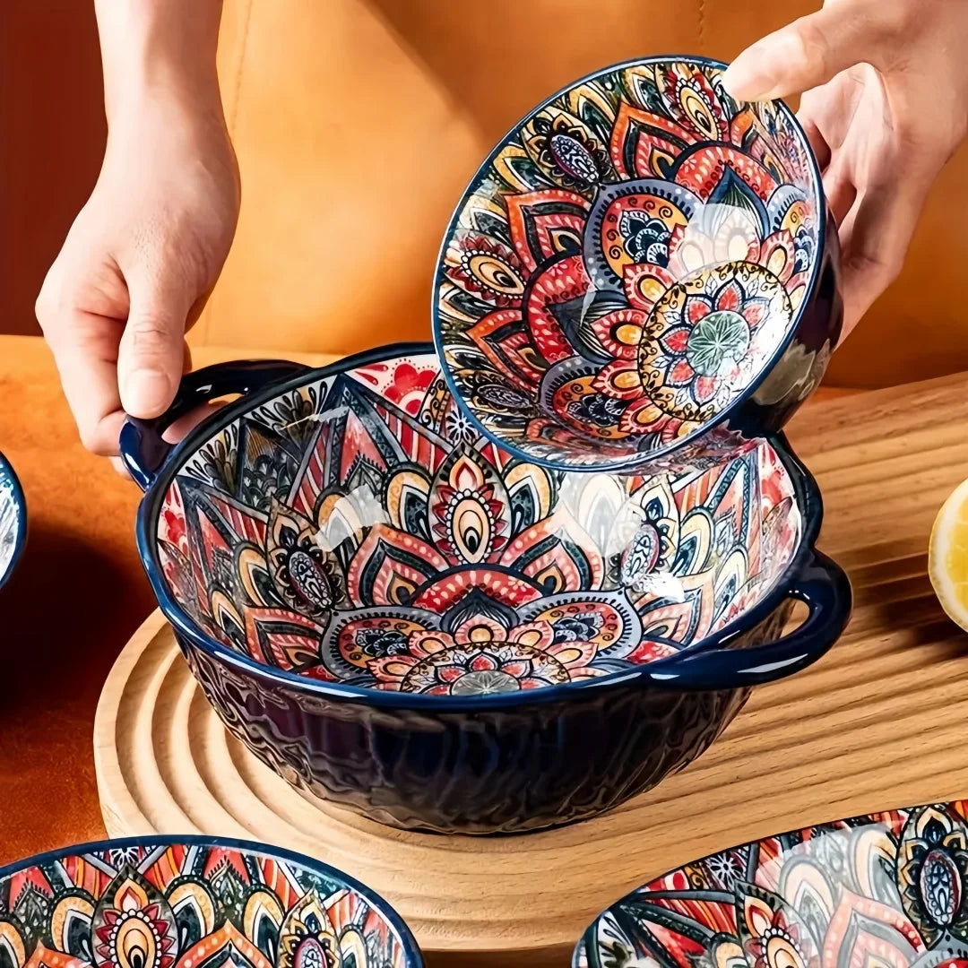 Bohemian Ceramic Tableware Set — 7 Piece with Dessert Plates, Steak Plate, Pasta & Soup Bowls