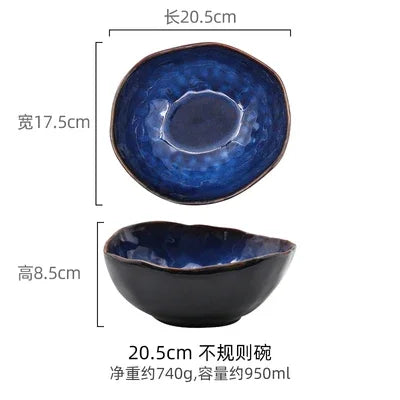Blue Glaze Artisan Ceramic Dinner Plate & Salad Bowl Set — Irregular Edge Tableware