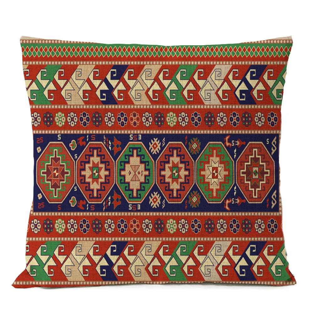 Ethnic Persian Carpet Cushion Cover — Geometric Red & Blue Tribal Pattern, 45x45cm or 50x50cm