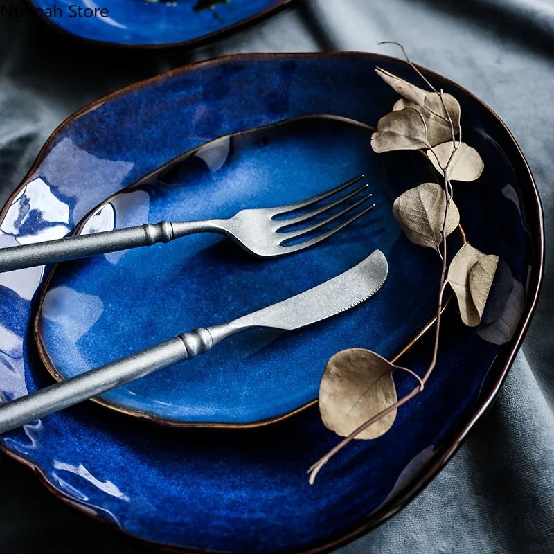 Blue Glaze Artisan Ceramic Dinner Plate & Salad Bowl Set — Irregular Edge Tableware