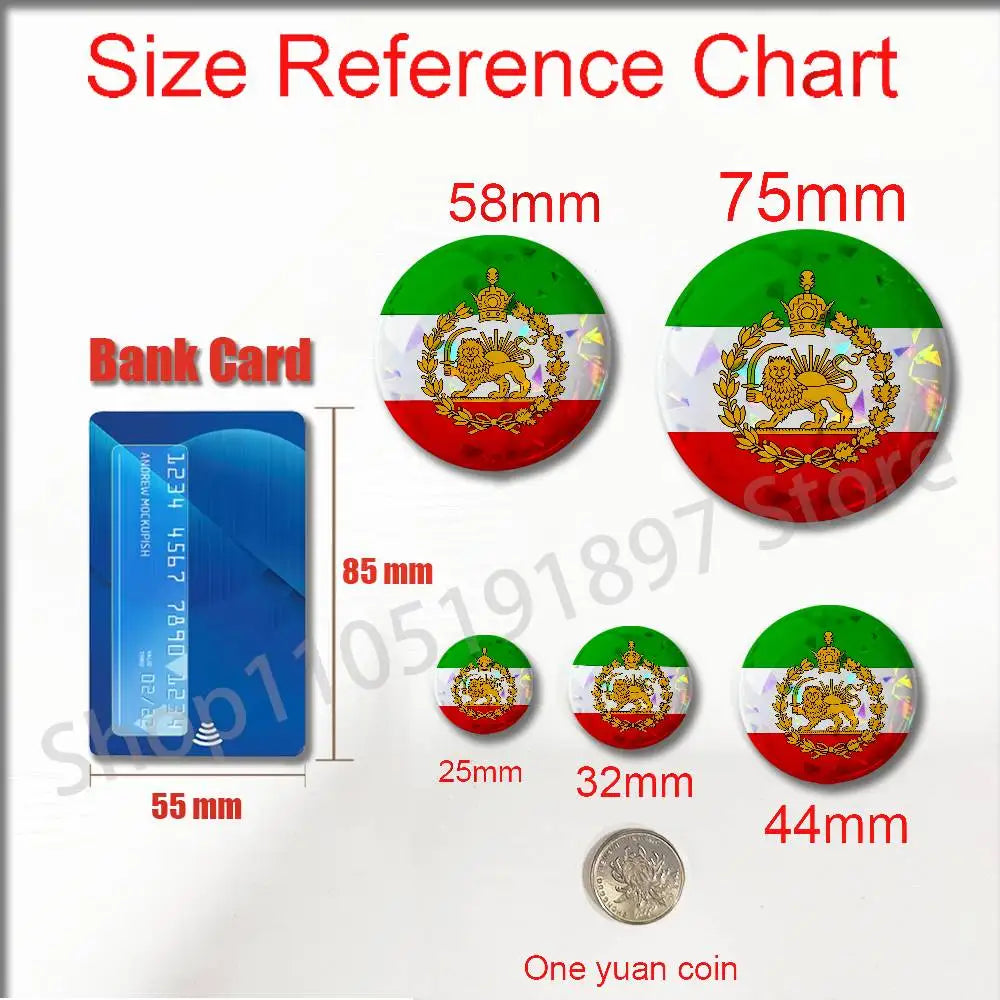Imperial Coat of Arms of Iran Round Pin Badge — Lion, Sun & Crown Brooch in 4 Sizes