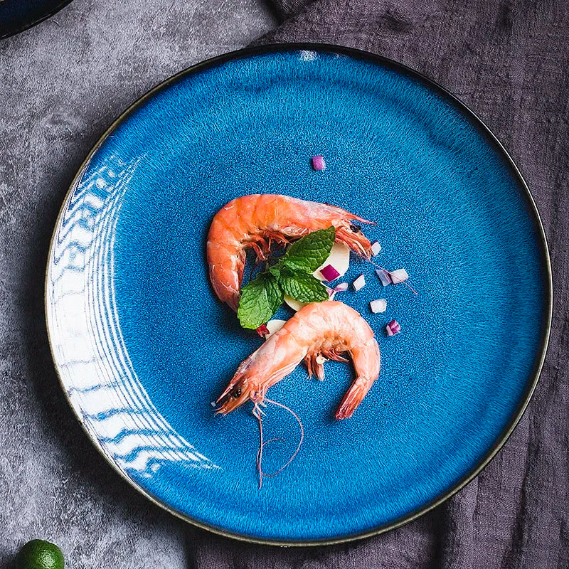 Blue Kiln-Change Ceramic Tableware Set — Reactive Glaze Bowls & Dinner Plates