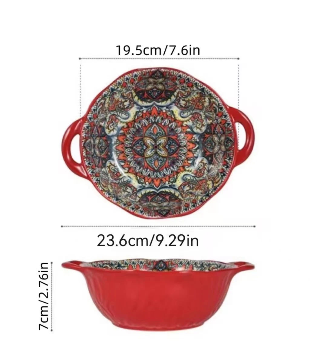 Bohemian Ceramic Tableware Set — 7 Piece with Dessert Plates, Steak Plate, Pasta & Soup Bowls