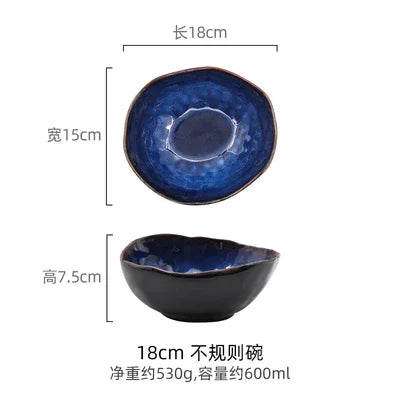 Blue Glaze Artisan Ceramic Dinner Plate & Salad Bowl Set — Irregular Edge Tableware