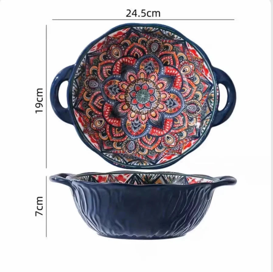Bohemian Ceramic Tableware Set — 7 Piece with Dessert Plates, Steak Plate, Pasta & Soup Bowls