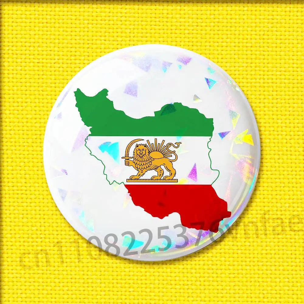 Imperial Coat of Arms of Iran Round Pin Badge — Lion, Sun & Crown Brooch in 4 Sizes