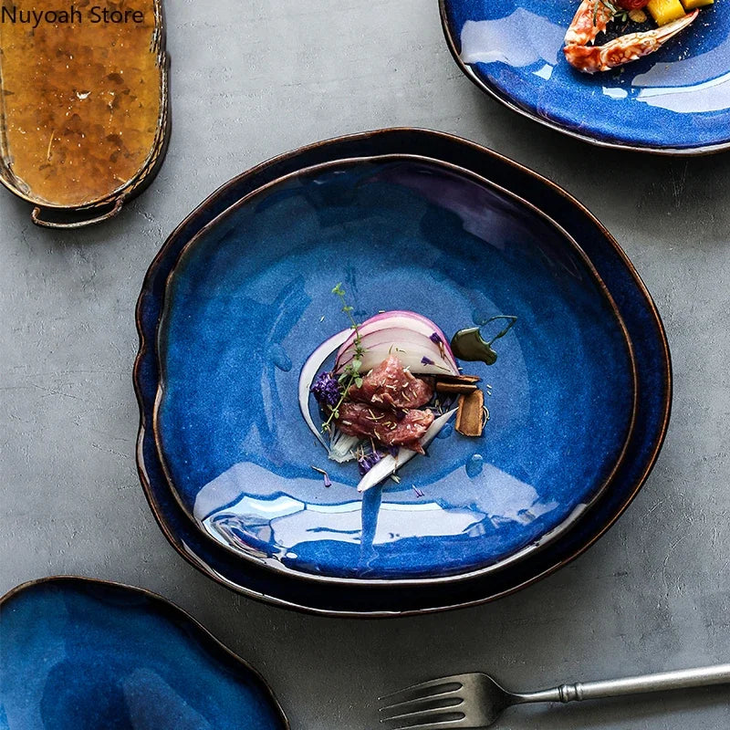 Blue Glaze Artisan Ceramic Dinner Plate & Salad Bowl Set — Irregular Edge Tableware