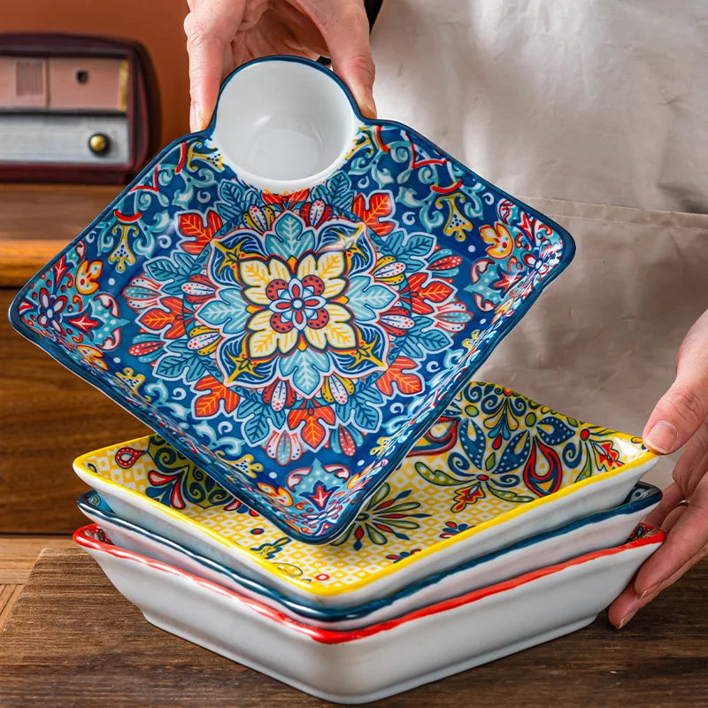 Divided Ceramic Plate with Sauce Dish — Persian-Style Tableware for Mezze & Dips