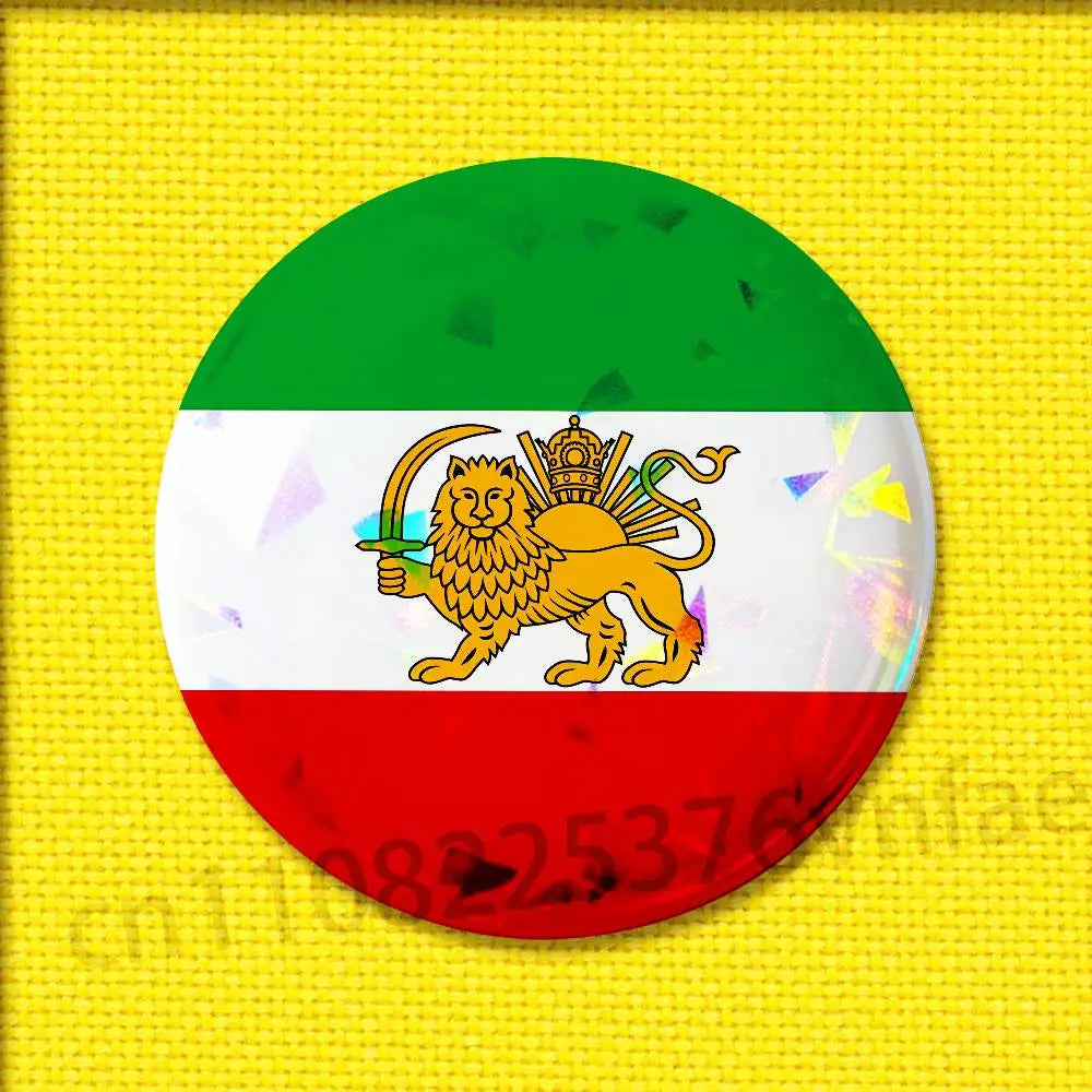 Imperial Coat of Arms of Iran Round Pin Badge — Lion, Sun & Crown Brooch in 4 Sizes