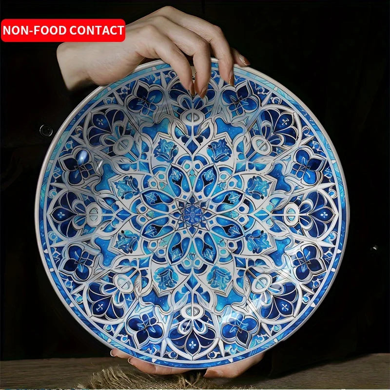 Vibrant Persian Blue Floral Mandala Ceramic Decor Plate - Hanging Wall Art， Suitable for families, living rooms, and offices