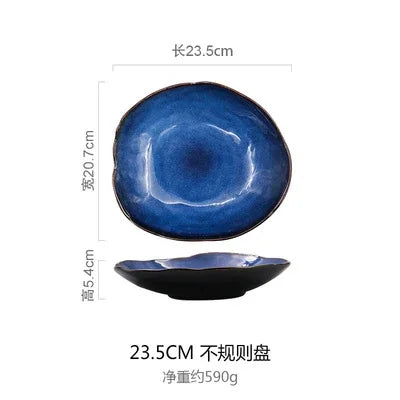Blue Glaze Artisan Ceramic Dinner Plate & Salad Bowl Set — Irregular Edge Tableware