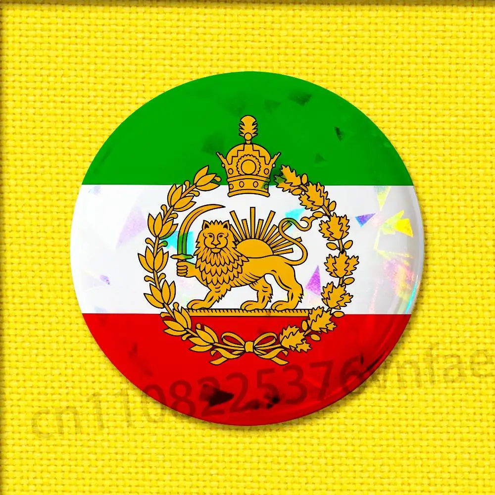Imperial Coat of Arms of Iran Round Pin Badge — Lion, Sun & Crown Brooch in 4 Sizes