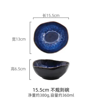 Blue Glaze Artisan Ceramic Dinner Plate & Salad Bowl Set — Irregular Edge Tableware