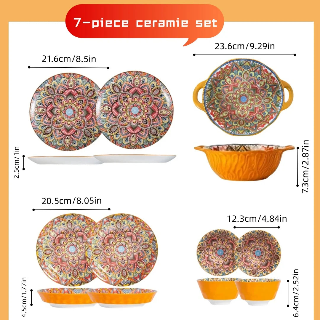 Bohemian Ceramic Tableware Set — 7 Piece with Dessert Plates, Steak Plate, Pasta & Soup Bowls
