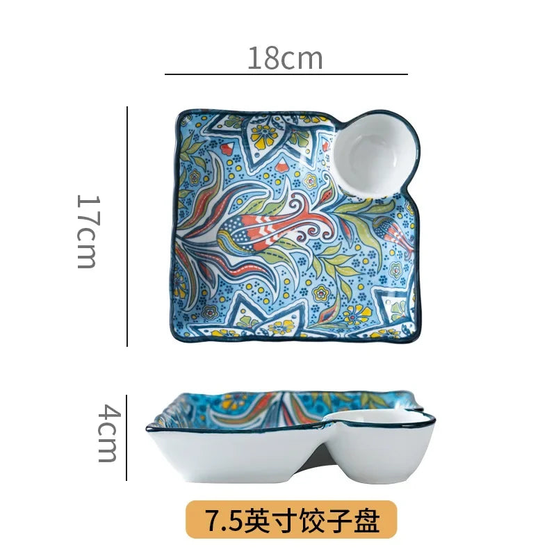 Divided Ceramic Plate with Sauce Dish — Persian-Style Tableware for Mezze & Dips