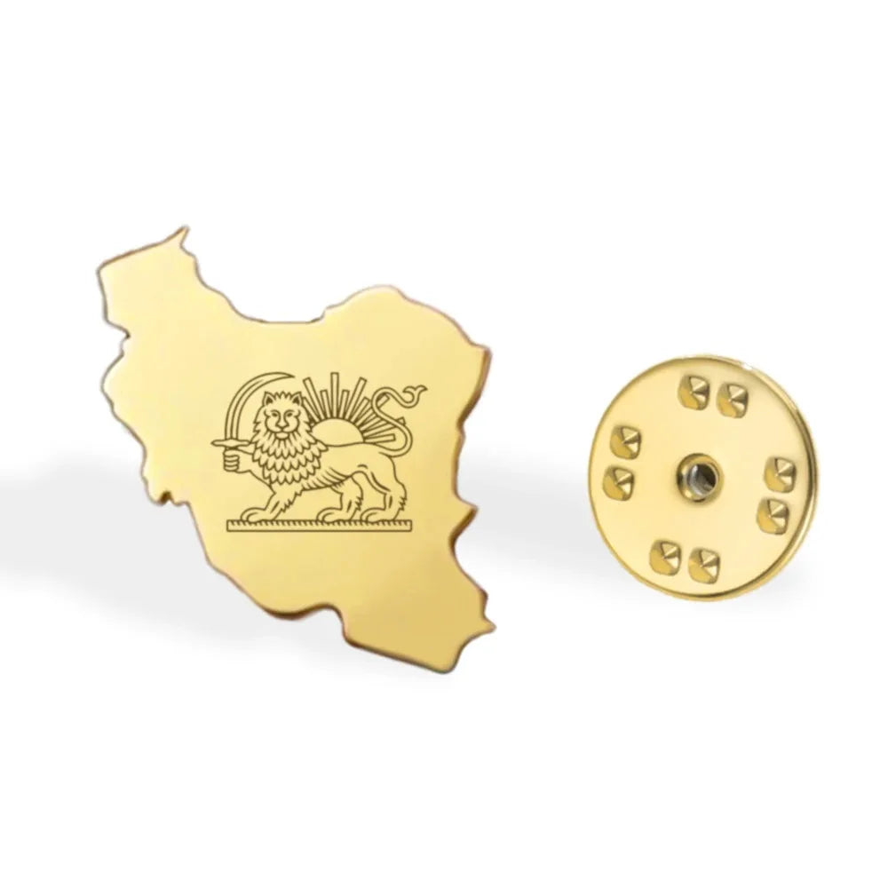 Persian Lion & Sun Iran Map Flag Pin Brooch — Lightweight Stainless Steel Jewelry Gift