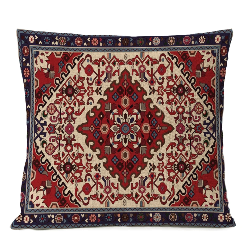 Ethnic Persian Carpet Cushion Cover — Geometric Red & Blue Tribal Pattern, 45x45cm or 50x50cm