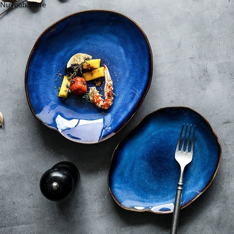 Blue Glaze Artisan Ceramic Dinner Plate & Salad Bowl Set — Irregular Edge Tableware