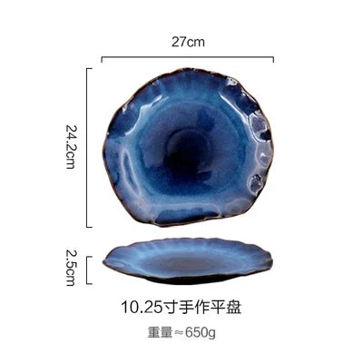 Blue Glaze Artisan Ceramic Dinner Plate & Salad Bowl Set — Irregular Edge Tableware