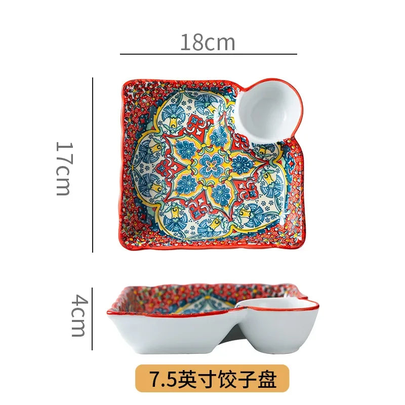 Divided Ceramic Plate with Sauce Dish — Persian-Style Tableware for Mezze & Dips