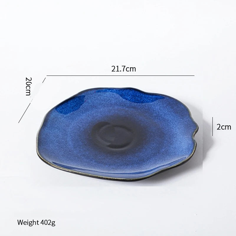 Cat Eye Blue Ceramic Flat Plate — Irregular Artisan Dinnerware & Display Dish