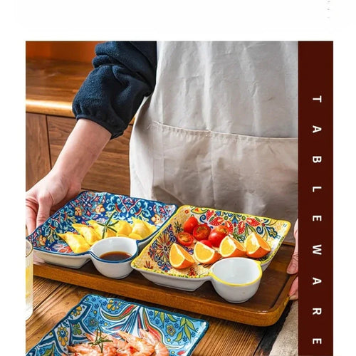 Divided Ceramic Plate with Sauce Dish — Persian-Style Tableware for Mezze & Dips
