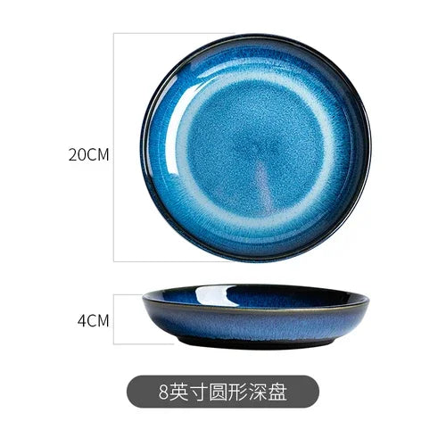 Blue Kiln-Change Ceramic Tableware Set — Reactive Glaze Bowls & Dinner Plates