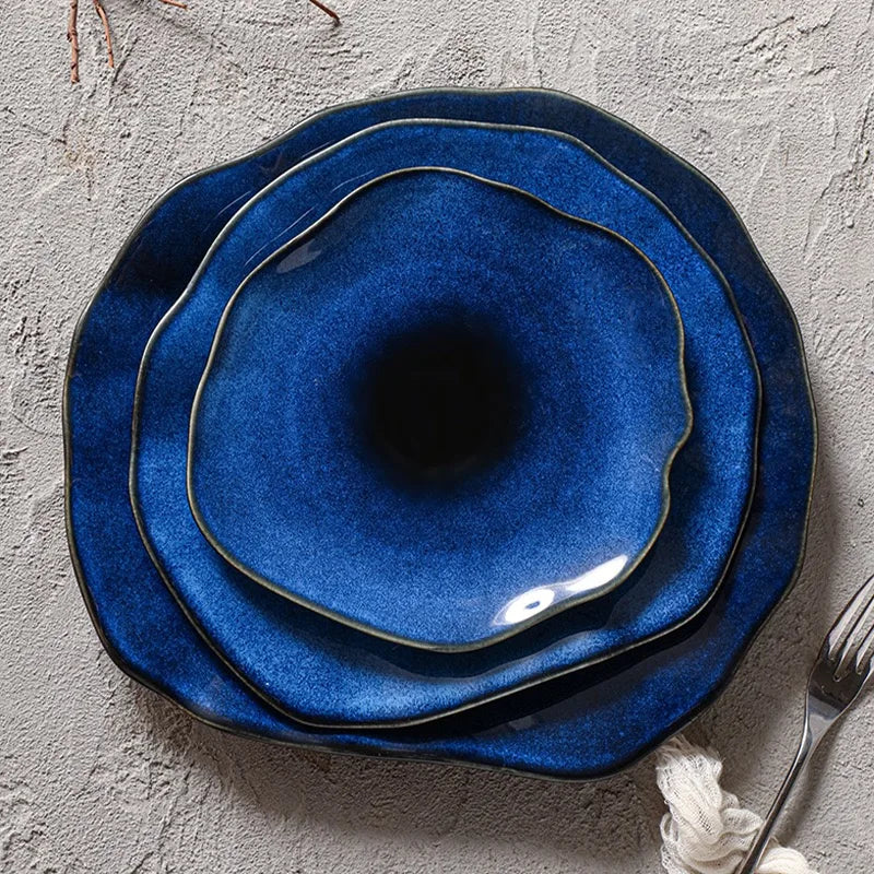 Cat Eye Blue Ceramic Flat Plate — Irregular Artisan Dinnerware & Display Dish