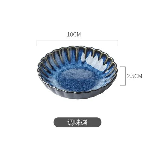 Blue Kiln-Change Ceramic Tableware Set — Reactive Glaze Bowls & Dinner Plates