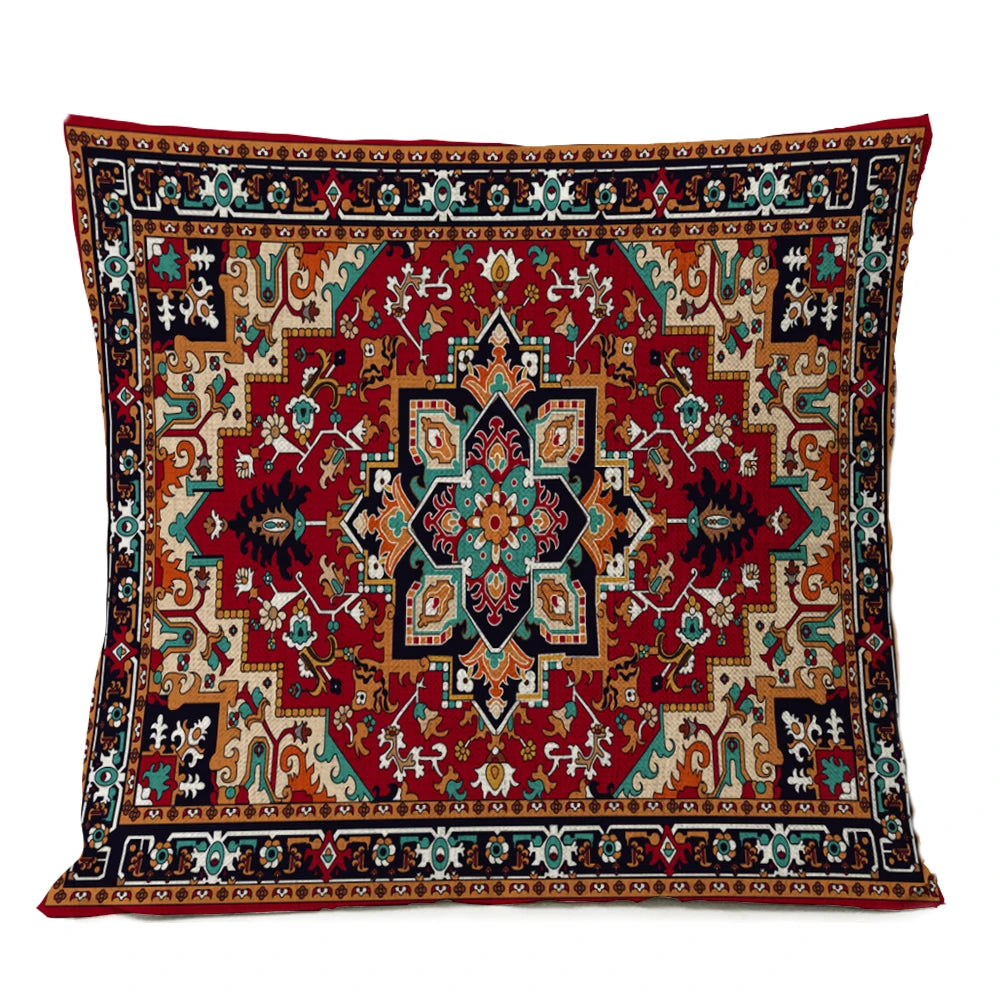 Ethnic Persian Carpet Cushion Cover — Geometric Red & Blue Tribal Pattern, 45x45cm or 50x50cm